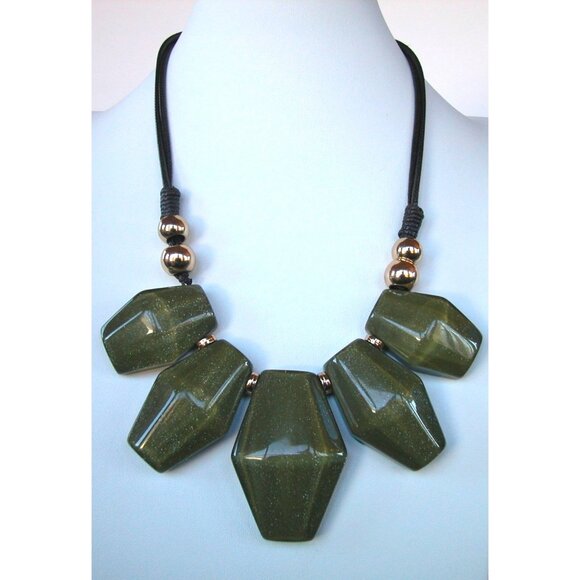 Chunky Green Acrylic Statement Necklace With Gold-Tone Beads & Adjustable Black - Picture 1 of 5